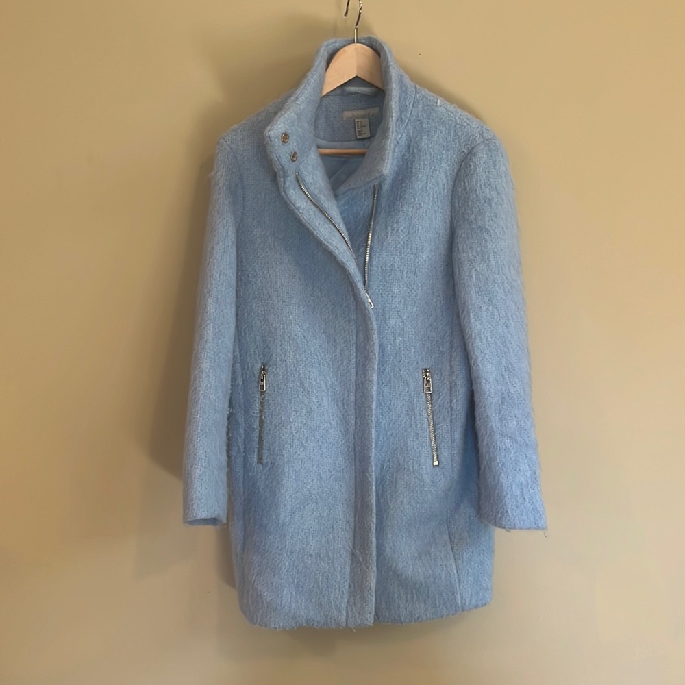 H&M Ice Blue Lined Marled Wool Blend City Car Coat